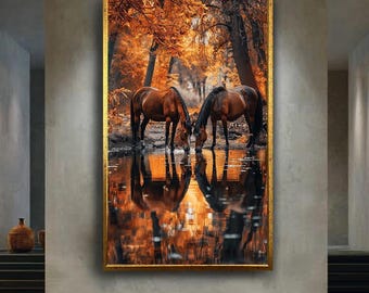 Autumn Horses Canvas Wall Art with Reflections in Forest Pond – Peaceful Rustic Nature Print for Country, Farmhouse or Animal Decor