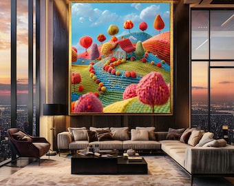 Colorful Crochet Landscape Wall Art Knitted Yarn Fantasy Scene with Cottage Whimsical Fiber Art Inspired Canvas