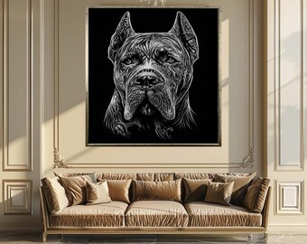 Pitbull Dog Canvas Print, Dark Animal Portrait Wall Art, Tattoo Style Dog Artwork, Black White Masculine Home Decor