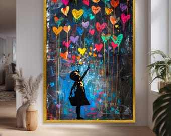 Banksy Balloon Canvas Print With Girl Reaching For Hearts Modern Graffiti Wall Decor Vibrant Pop Art For Home Or Office