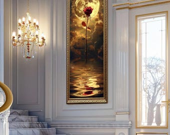 Mystical Red Rose and Full Moon Wall Art with Water Reflection and Lightning, Fantasy Romance Canvas Print for Dreamy or Gothic Decor