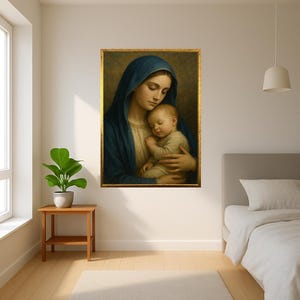 Jungfrau Maria mit Baby Jesus Kunst - Katholisches Mutter- und Kind-Poster - Spirituelle christliche Wanddekoration mit Heiliger Liebe und Frieden