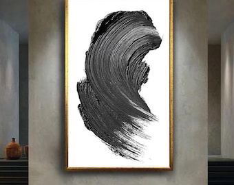 Minimalist Black Brush Stroke Wall Art – Abstract Monochrome Canvas Print – Modern Japandi Zen Style Home Decor Poster