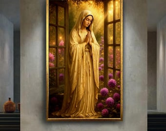 Virgin Mary Praying Canvas Wall Art, Sacred Madonna Religious Print, Holy Christian Artwork for Prayer Room or Spiritual Home Decor