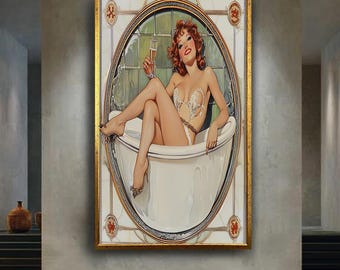 Vintage Pin-Up Girl in Bathtub Wall Art – Retro Glamorous Woman with Champagne Print – Sexy Bathroom Canvas for Playful Feminine Home Decor