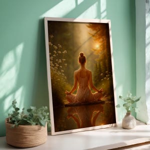 Frau im Wald Sonnenaufgang digitale Kunst friedliche Natur Szene Achtsamkeit Wand Poster spiritueller Zen Druck für Yoga und ruhige Dekoration