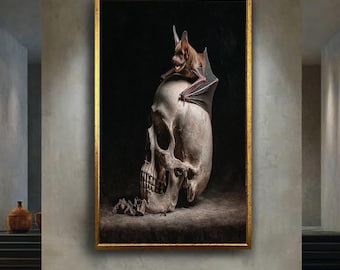 Dark Gothic Art Bat on Skull Print, Horror Fantasy Illustration for Macabre Decor, Haunted Aesthetic Canvas Wall Poster