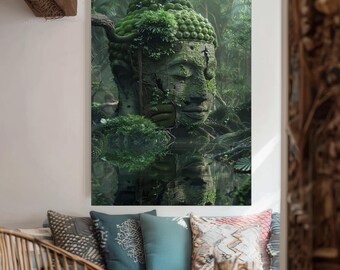 Ancient Buddha Jungle Canvas Wall Art – Overgrown Temple Head Statue in Lush Green Forest with Mystical Reflection and Zen Atmosphere