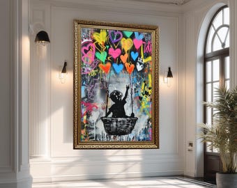 Banksy Balloon Canvas, Balloon Poster,Banksy Art, Graffiti Canvas Wall Art of Silhouette Child in Basket with Heart Balloons