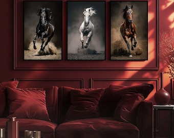 Running Horse Wall Art Set of 3 – Powerful Black White Brown Horses Canvas Prints – Dynamic Animal Decor for Living Room or Office
