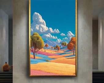 Colorful Fantasy Landscape Wall Art Print, Whimsical Nature Canvas Art, Dreamy Pastel Field Illustration, Happy Surreal Decor