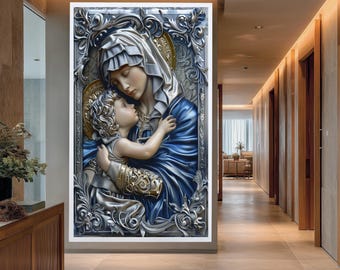 Blessed Virgin Mary and Baby Jesus Icon Art in Blue and Silver with Baroque Religious Detail for Sacred Wall Decor and Gifts