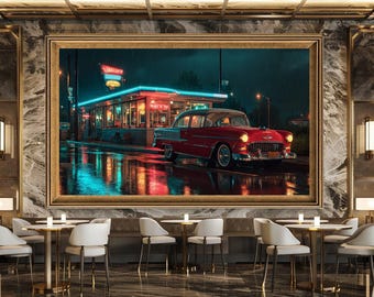 Vintage Car in Rainy Night Neon Scene Retro Diner Wall Art Canvas Print Classic 1950s American Style Decor for Home or Office