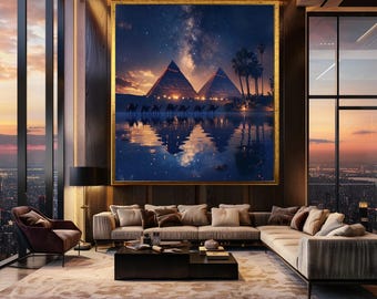 Mystical Egypt Wall Art Print with Pyramids and Camels, Starry Night Desert Landscape Photography, Spiritual Travel Decor for Boho Interiors
