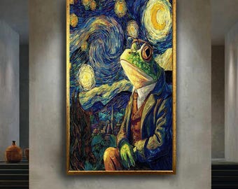 Gentleman Frog Canvas Wall Art – Van Gogh Starry Night Inspired Animal Portrait – Whimsical Frog in Suit Print for Eclectic Decor