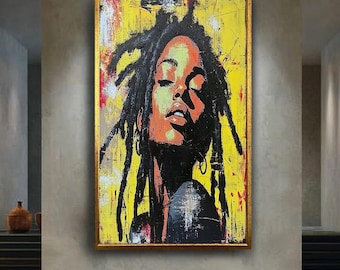 Bold Black Woman Canvas Print Afrocentric Street Art Portrait Dreadlocks Urban Wall Art Yellow Background Modern Expressionist Decor