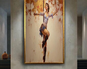 Western Cowgirl Pin-Up Style Wall Art Print, Sexy Vintage Pole Dancer Print for Rustic Country Home or Bar Decor
