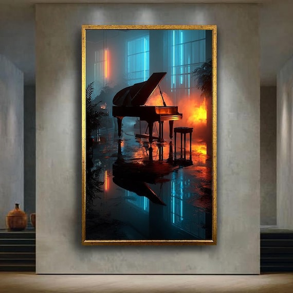 Neo Noir Piano Wall Art Print, Dark Moody Neon Room Canvas Poster