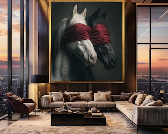 Black and White Horses Canvas Wall Art – Emotional Conceptual Animal Portrait with Red Blindfold for Modern Rustic Home Decor