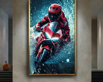 High Speed Red Sport Bike Canvas Wall Art – Extreme Motorcycle Racing Splash Print, Bold Motorbike Decor for Riders and Garage
