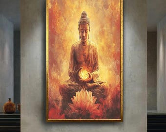 Radiant Buddha Wall Art Print – Glowing Spiritual Energy and Lotus Flame – Zen Meditation Canvas for Peaceful and Sacred Home Decor