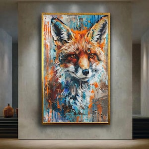 Colorful Fox Canvas Wall Art with Abstract Paint Splashes, Modern Wildlife Animal Portrait Painting for Rustic and Nature Home Decor