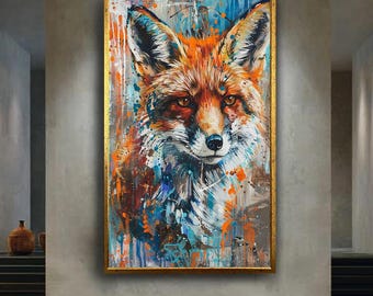 Colorful Fox Canvas Wall Art with Abstract Paint Splashes, Modern Wildlife Animal Portrait Painting for Rustic and Nature Home Decor