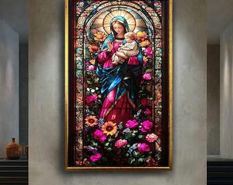 Stained Glass Virgin Mary and Baby Jesus Wall Art | Catholic Religious Window Style Canvas | Holy Mother and Child Print for Home