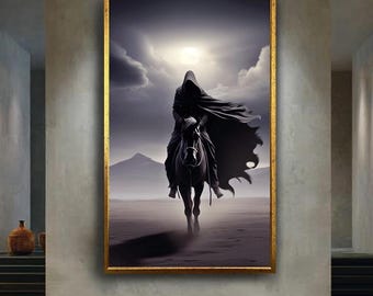 Dark Rider on Horse Fantasy Wall Art | Hooded Shadow Figure Under Moonlight | Gothic Epic Warrior Canvas for Dark Aesthetic Decor