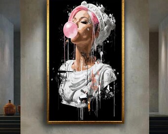 Modern Graffiti Statue Canvas Wall Art – Pink Hair Bubblegum Girl, Classical Sculpture Street Art Print for Trendy Urban Home Decor