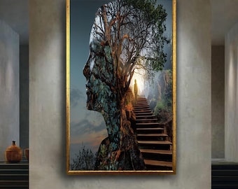 Surreal Nature Head Wall Art Print, Double Exposure Tree Silhouette Poster, Spiritual Stairway Conceptual Artwork