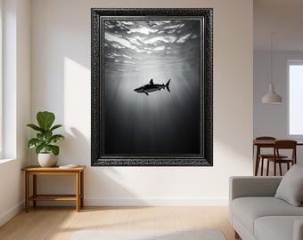 Black and White Shark Wall Art Print – Minimalist Ocean Life Photography Poster – Dramatic Underwater Sea Animal Canvas for Modern Decor