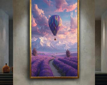 Hot Air Balloon Canvas Art Over Lavender Fields and Snowy Mountains, Dreamy Purple Landscape Print for Travel Inspired Wall Decor