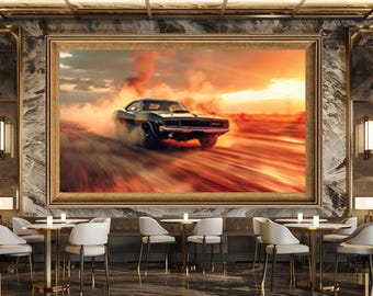 Vintage Muscle Car Wall Art Retro Sunset Drive Poster Canvas Download Fast Car Print Classic Racing Decor Man Cave Gift