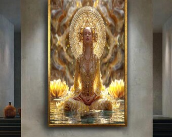 Golden Meditation Goddess Canvas Wall Art – Radiant Divine Feminine Portrait with Lotus and Halo – Luxury Spiritual Print for Elegant Decor