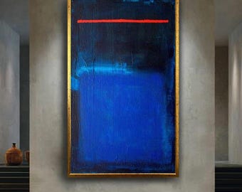 Mark Rothko  Blue and Black Canvas Art with Red Line – Minimalist Expressionist Color Field Print for Contemporary Wall Decor