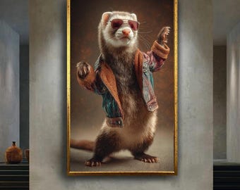 Cool Ferret in Denim Jacket Canvas Wall Art – Stylish Anthropomorphic Animal with Sunglasses for Fun and Quirky Home Decor