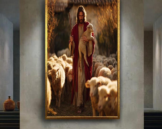 Featured listing image: Jesus the Good Shepherd Canvas Print – Spiritual Christian Wall Art with Lamb for Prayer Room, Easter Gift or Faith Inspired Home Decor