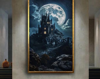 Dark Fantasy Gothic Castle Canvas Print with Full Moon, Haunted Mountain Fortress Wall Art, Spooky Halloween Decor for Home or Office