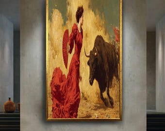 Spanish bullfight woman in red dress wall art dramatic bull running poster traditional matador canvas print for rustic home decor