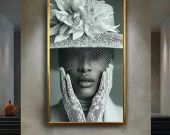 Black and White Fashion Portrait Canvas, Elegant Woman with Lace Gloves and Floral Hat, Chic Fine Art Photography Wall Decor