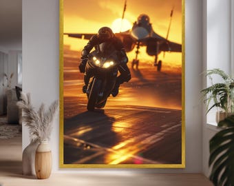 Sunset Speed Chase Wall Art – Motorcycle And Fighter Jet Canvas For Action Lovers & Modern Spaces