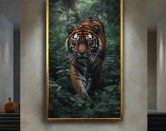 Dark Jungle Tiger Canvas Wall Art Print Mystical Wildlife Animal Poster for Office or Home Decor Vertical Safari Theme Gift Idea
