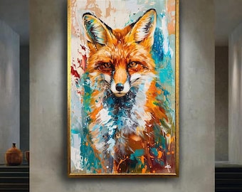 Colorful Fox Canvas Wall Art with Modern Abstract Paint Splashes, Vibrant Wildlife Animal Portrait for Rustic and Nature Home Decor