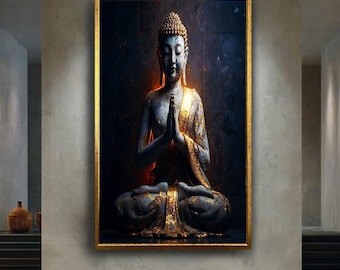 Golden Buddha Canvas Print – Zen Spiritual Wall Art with Meditation Pose and Gold Accents for Yoga Room, Mindful Space or Peaceful