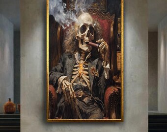Elegant Skeleton Smoking Cigar Wall Art – Gothic Vintage Style Canvas with Dark Humor – Macabre Death Decor for Unique Statement Walls