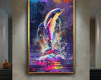 Vibrant Dolphin Canvas Wall Art, Colorful Ocean Animal Print, Modern Pop Art Marine Life Artwork with Neon Splash for Coastal Decor