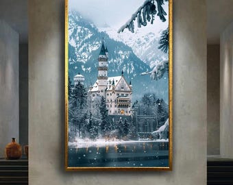 Winter Fairytale Castle Canvas Wall Art – Snowy Mountain Palace Scene, Enchanted Winter Wonderland Print