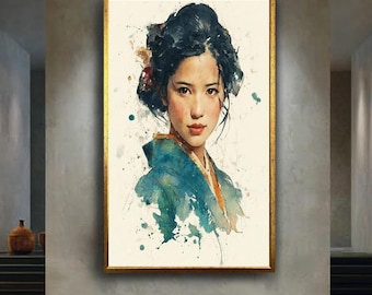Watercolor Japanese Woman Portrait Print – Elegant Geisha Wall Art in Blue Kimono – Modern Asian Canvas Poster – Artistic Home Decor