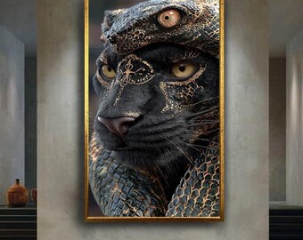 Black Panther and Serpent Fantasy Art Print, Mystical Jungle Cat with Snake Wall Decor, Powerful Tribal Animal Illustration